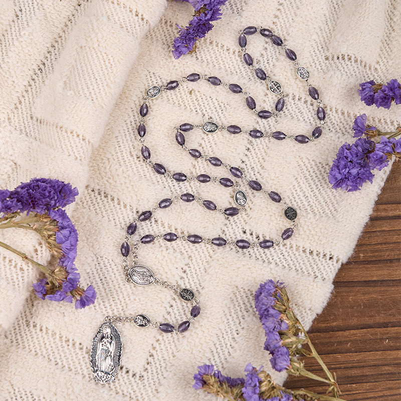 christiandiscipleshop Miraculous Medal & Our Lady of Guadalupe of 6*8mm Oval Purple Crystal Alloy Chain Rosary