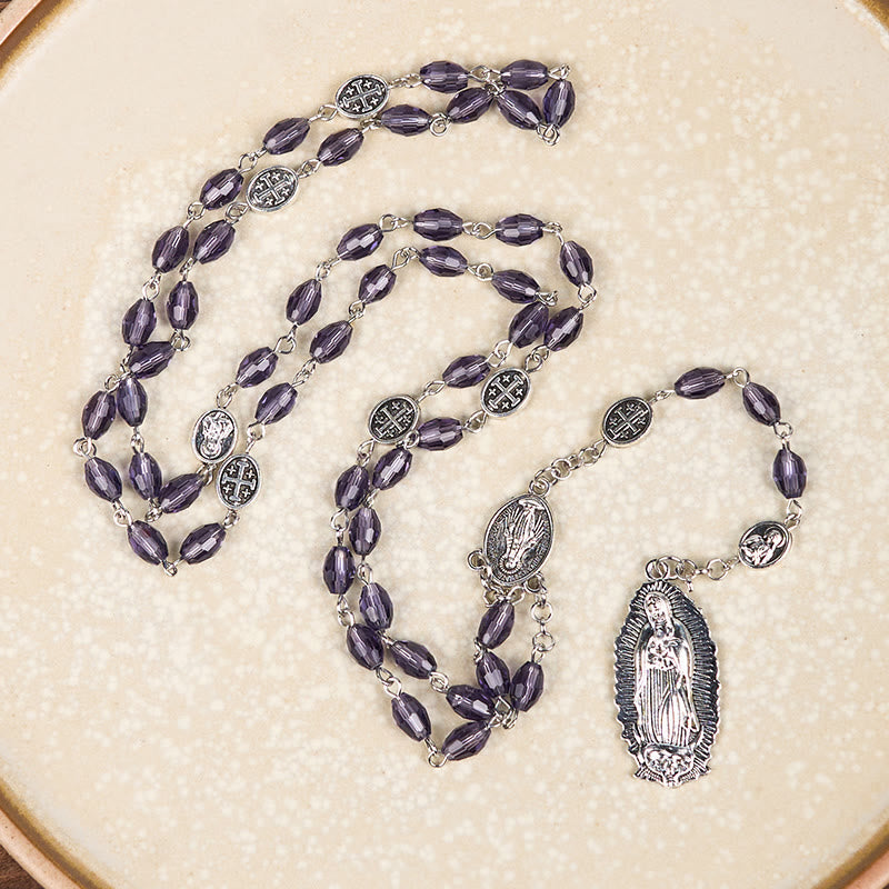 christiandiscipleshop Miraculous Medal & Our Lady of Guadalupe of 6*8mm Oval Purple Crystal Alloy Chain Rosary