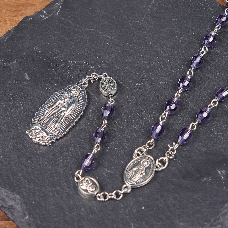 christiandiscipleshop Miraculous Medal & Our Lady of Guadalupe of 6*8mm Oval Purple Crystal Alloy Chain Rosary