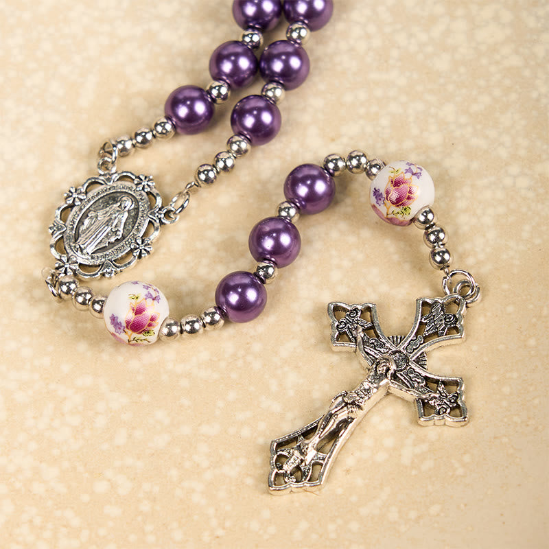 christiandiscipleshop Miraculous Medal & Crucifix of 10mm Round Multicolor Pearl/Ceramics Rosary