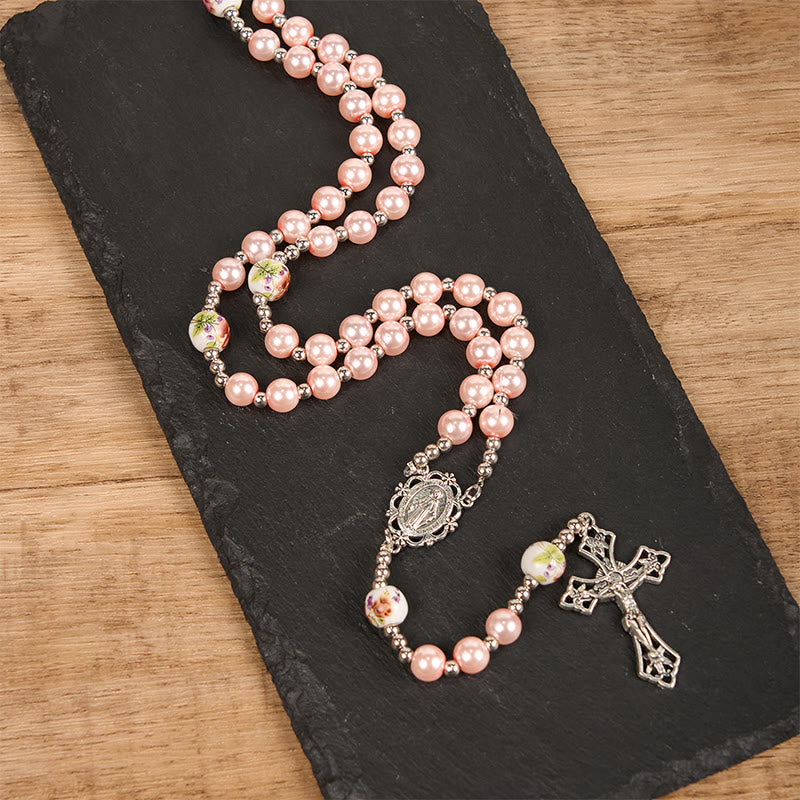 christiandiscipleshop Miraculous Medal & Crucifix of 10mm Round Multicolor Pearl/Ceramics Rosary