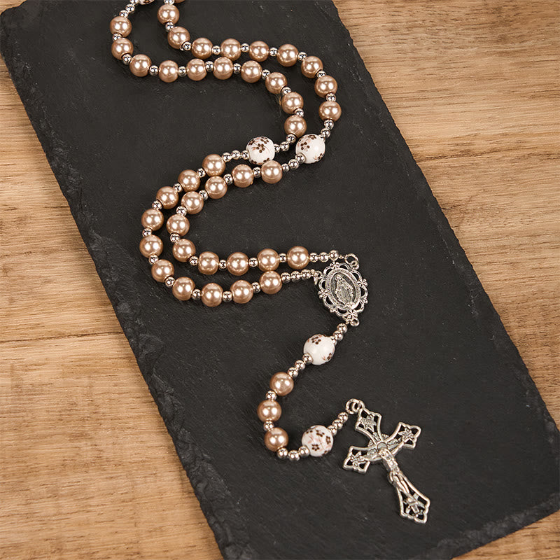 christiandiscipleshop Miraculous Medal & Crucifix of 10mm Round Multicolor Pearl/Ceramics Rosary