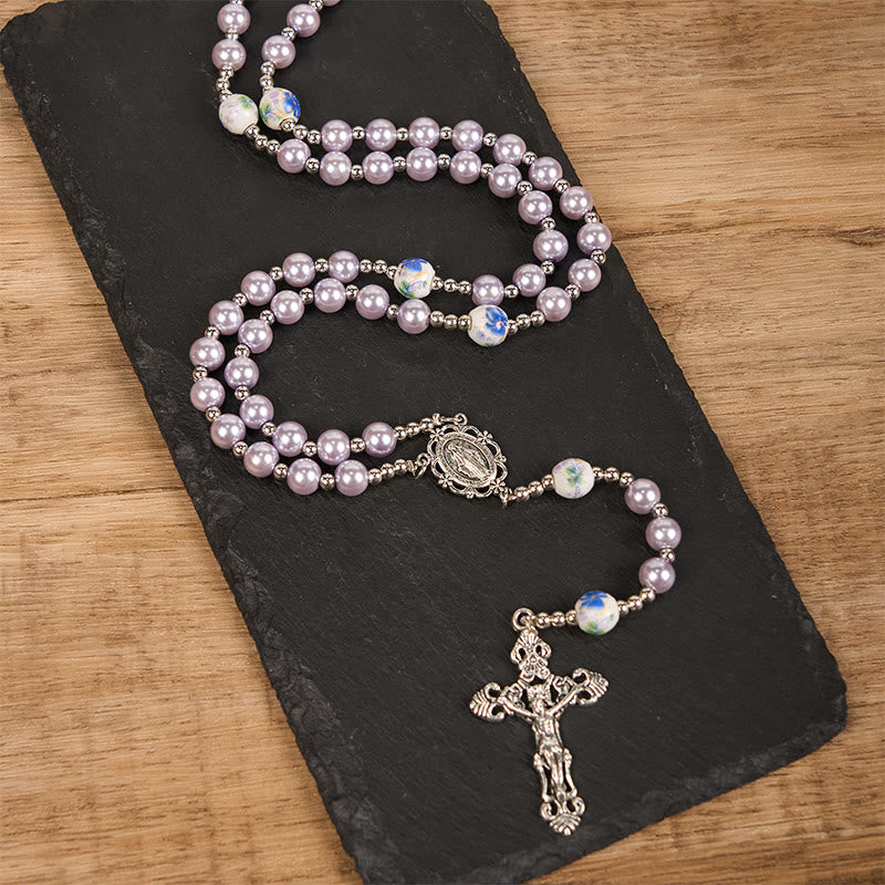 christiandiscipleshop Miraculous Medal & Crucifix of 10mm Round Multicolor Pearl/Ceramics Rosary