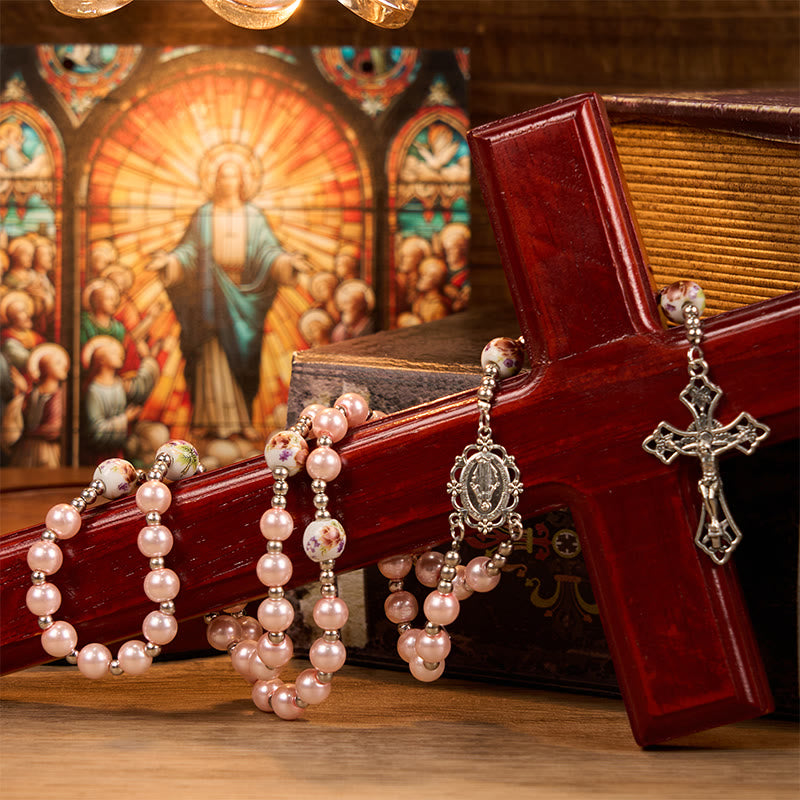 christiandiscipleshop Miraculous Medal & Crucifix of 10mm Round Multicolor Pearl/Ceramics Rosary