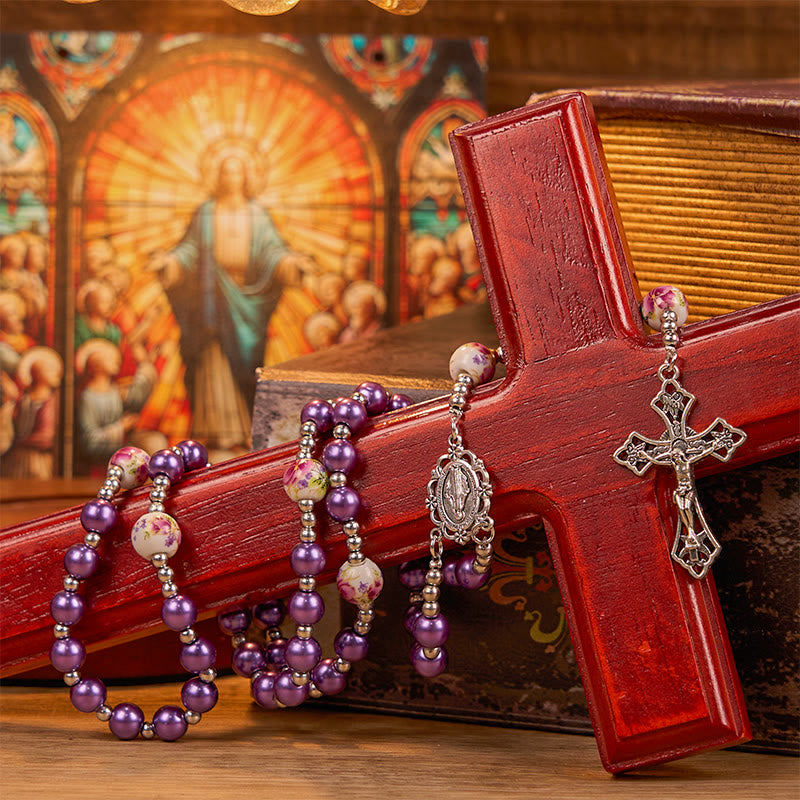 christiandiscipleshop Miraculous Medal & Crucifix of 10mm Round Multicolor Pearl/Ceramics Rosary