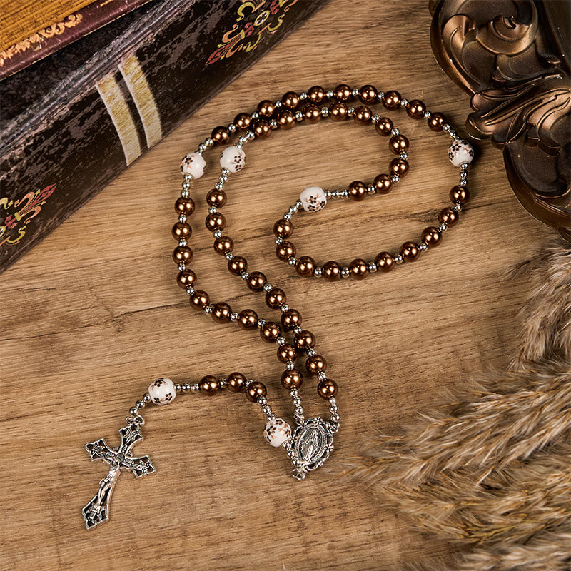 christiandiscipleshop Miraculous Medal & Crucifix of 10mm Round Multicolor Pearl/Ceramics Rosary