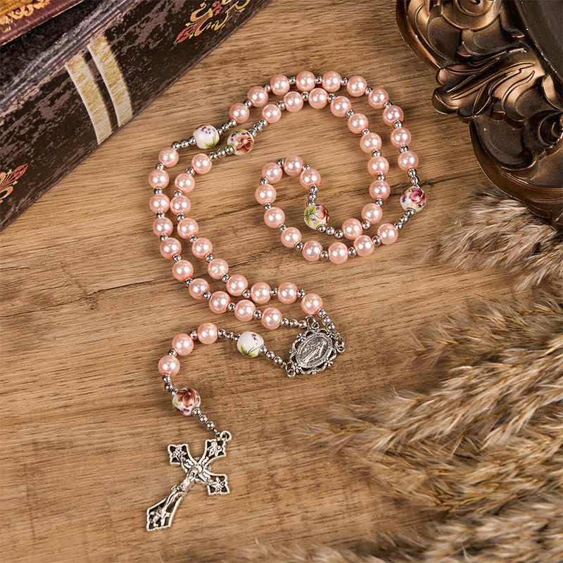 christiandiscipleshop Miraculous Medal & Crucifix of 10mm Round Multicolor Pearl/Ceramics Rosary