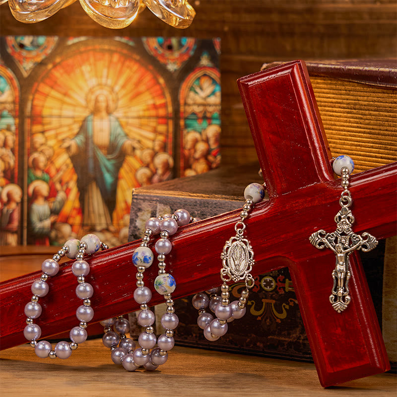 christiandiscipleshop Miraculous Medal & Crucifix of 10mm Round Multicolor Pearl/Ceramics Rosary
