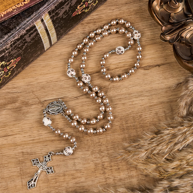 christiandiscipleshop Miraculous Medal & Crucifix of 10mm Round Multicolor Pearl/Ceramics Rosary