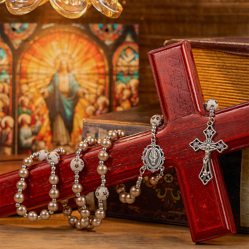 christiandiscipleshop Miraculous Medal & Crucifix of 10mm Round Multicolor Pearl/Ceramics Rosary