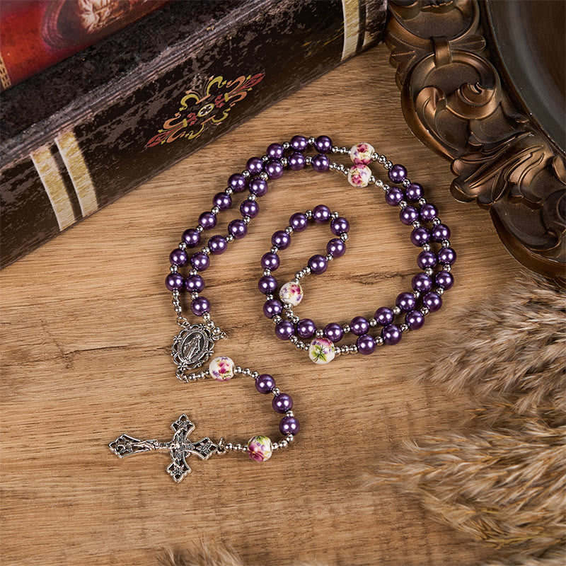 christiandiscipleshop Miraculous Medal & Crucifix of 10mm Round Multicolor Pearl/Ceramics Rosary
