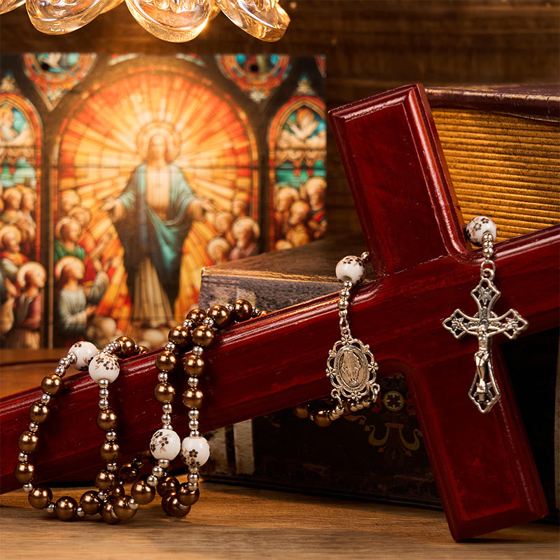 christiandiscipleshop Miraculous Medal & Crucifix of 10mm Round Multicolor Pearl/Ceramics Rosary