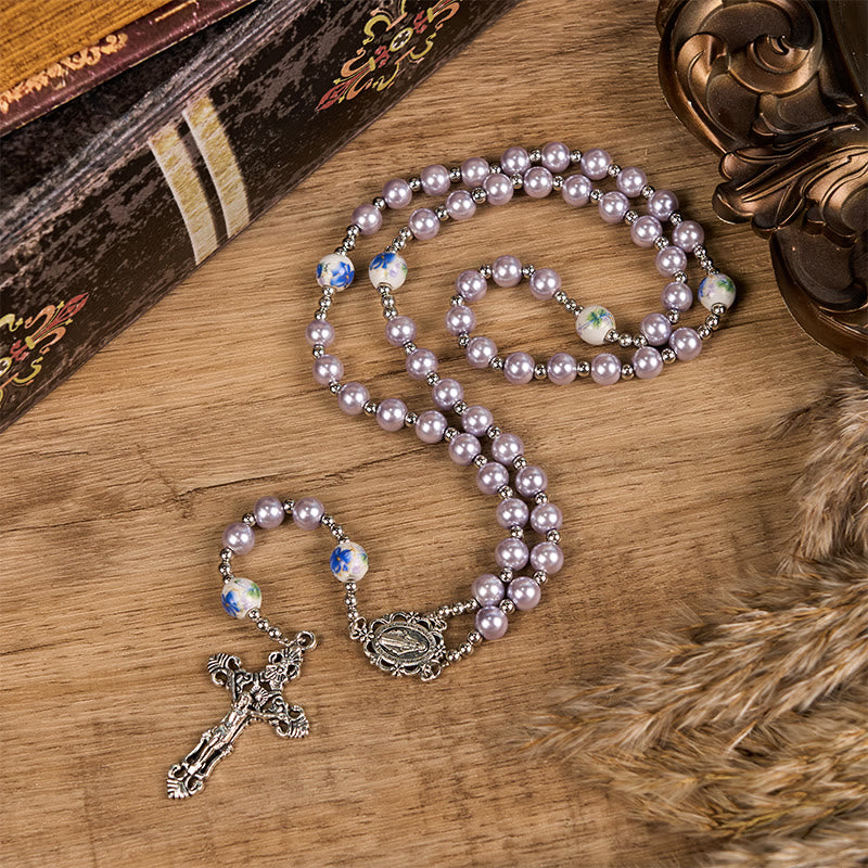 christiandiscipleshop Miraculous Medal & Crucifix of 10mm Round Multicolor Pearl/Ceramics Rosary