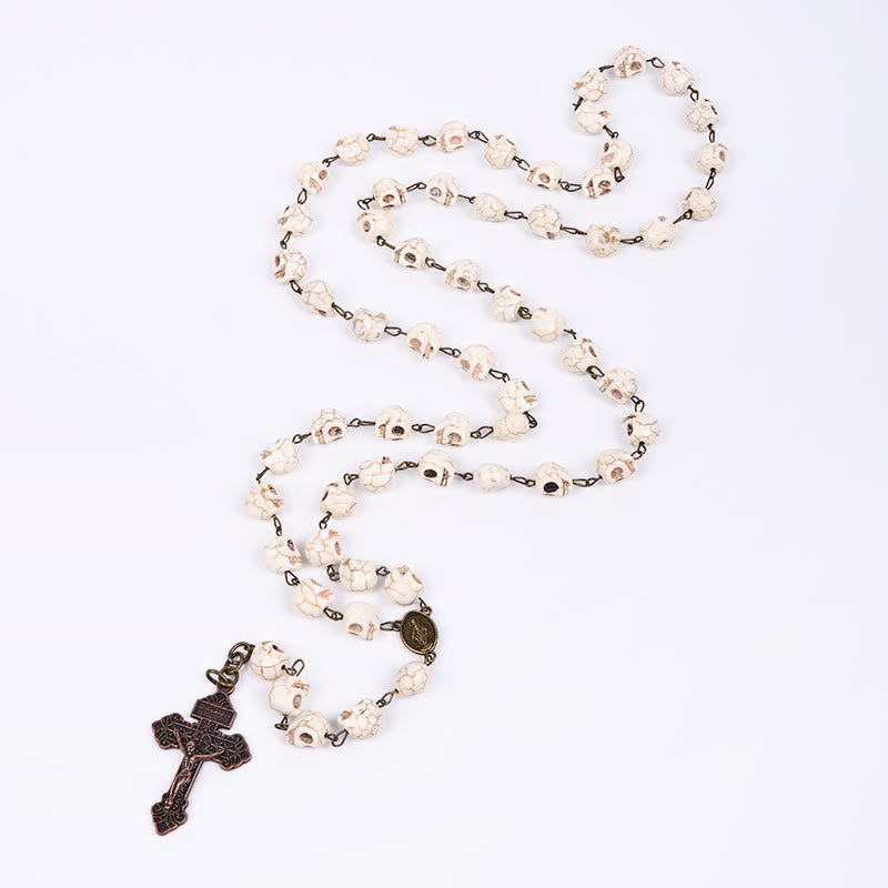 Christiandiscipleshop Saint Benedict & Crucifix of 8 mm White Pine Skull Alloy Chain Rosary Necklace