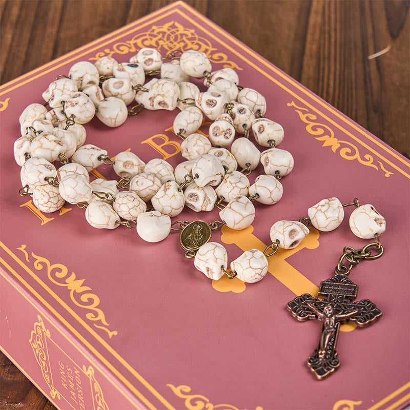 Christiandiscipleshop Saint Benedict & Crucifix of 8 mm White Pine Skull Alloy Chain Rosary Necklace