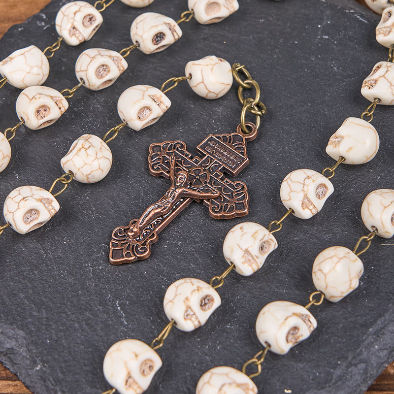 Christiandiscipleshop Saint Benedict & Crucifix of 8 mm White Pine Skull Alloy Chain Rosary Necklace
