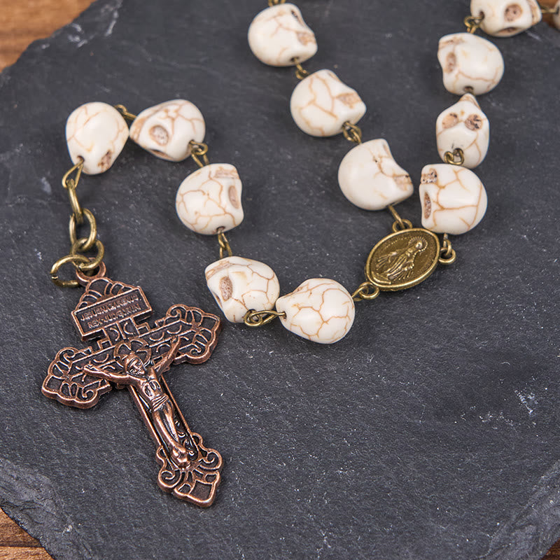 Christiandiscipleshop Saint Benedict & Crucifix of 8 mm White Pine Skull Alloy Chain Rosary Necklace