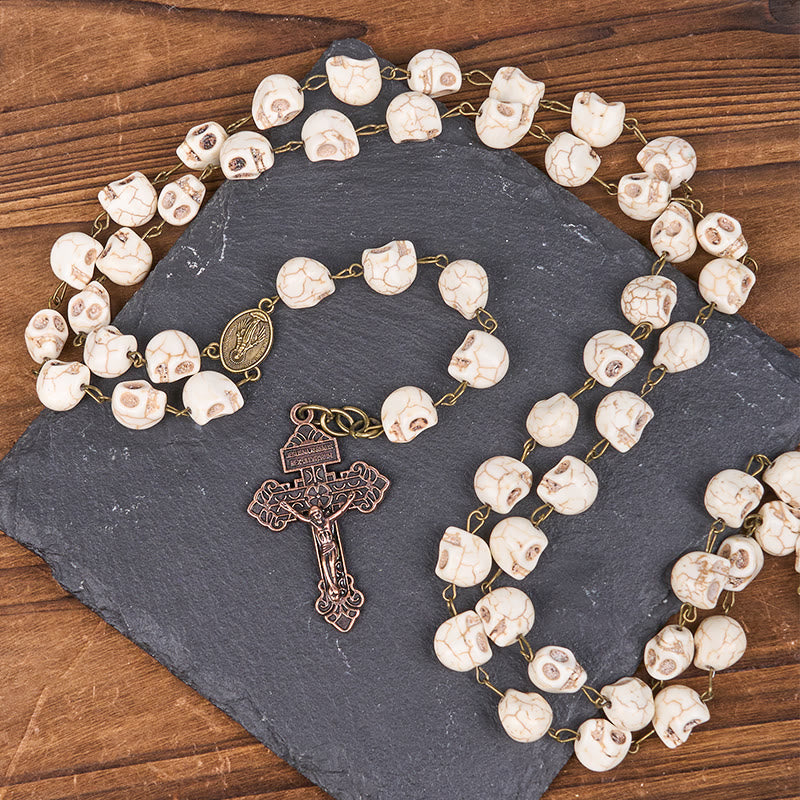 Christiandiscipleshop Saint Benedict & Crucifix of 8 mm White Pine Skull Alloy Chain Rosary Necklace