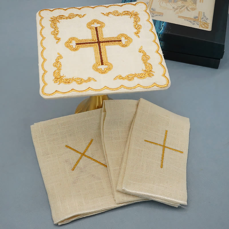 Christiandiscipleshop Classic Style Golden Cross Embroidered Elegant Religious Altar Linen Set