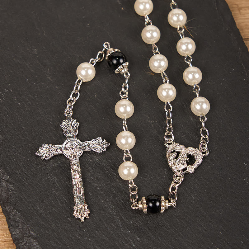 christiandiscipleshop Immaculate Heart of Mary & Crucifix of 8 mm Round White Acrylic Alloy Chain Rosary