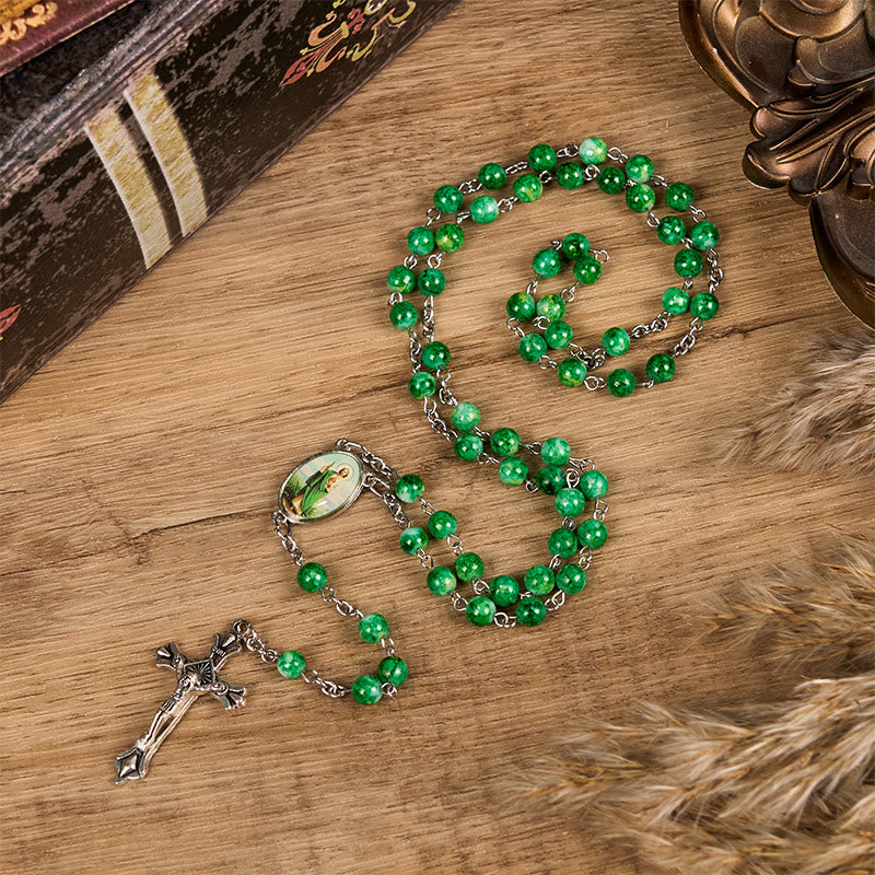 Christiandiscipleshop St. Jude & Crucifix of 8 mm Round Green Glass Alloy Chain Rosary