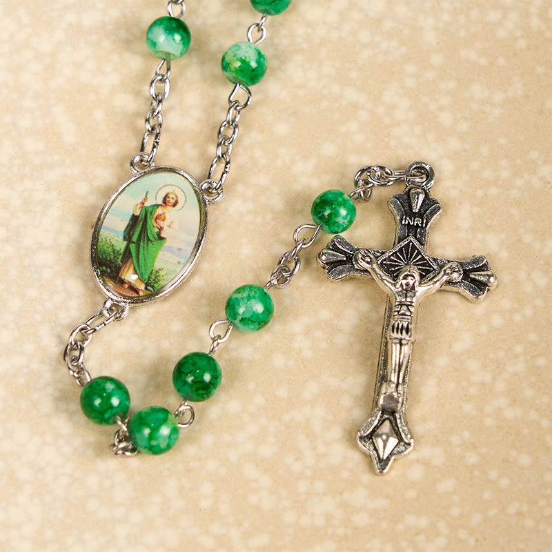 Christiandiscipleshop St. Jude & Crucifix of 8 mm Round Green Glass Alloy Chain Rosary