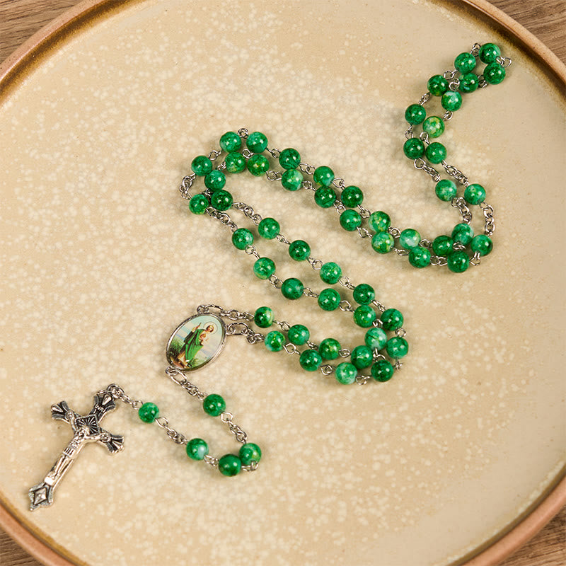 Christiandiscipleshop St. Jude & Crucifix of 8 mm Round Green Glass Alloy Chain Rosary