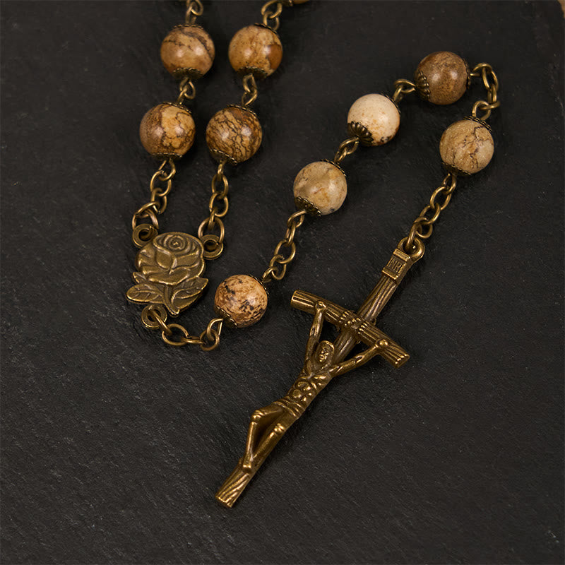 Christiandiscipleshop Rose & Crucifix of 8 mm Round Brown Stone Alloy Chain Rosary
