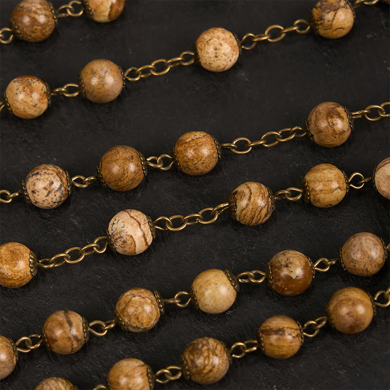 Christiandiscipleshop Rose & Crucifix of 8 mm Round Brown Stone Alloy Chain Rosary