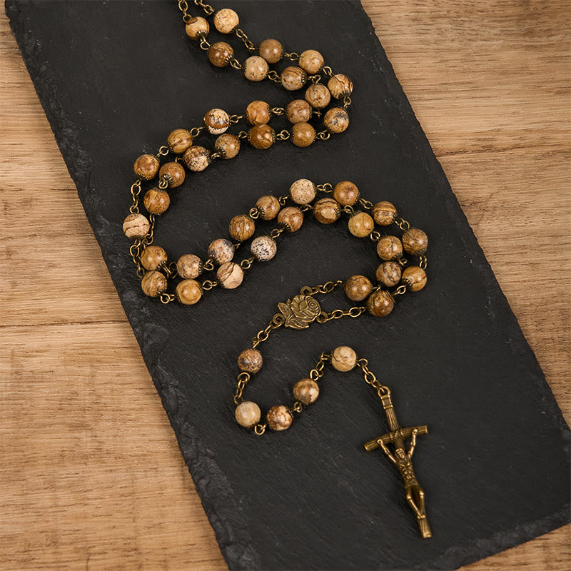Christiandiscipleshop Rose & Crucifix of 8 mm Round Brown Stone Alloy Chain Rosary