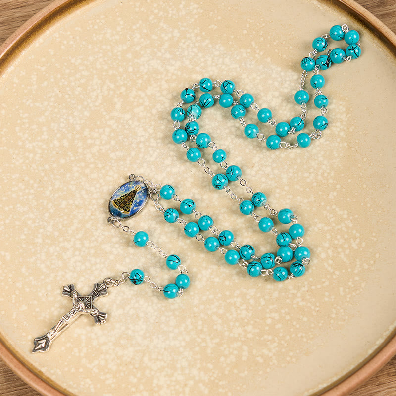 Christiandiscipleshop Our Lady of Aparecida & Crucifix of 8 mm Round Green Glass Alloy Chain Rosary
