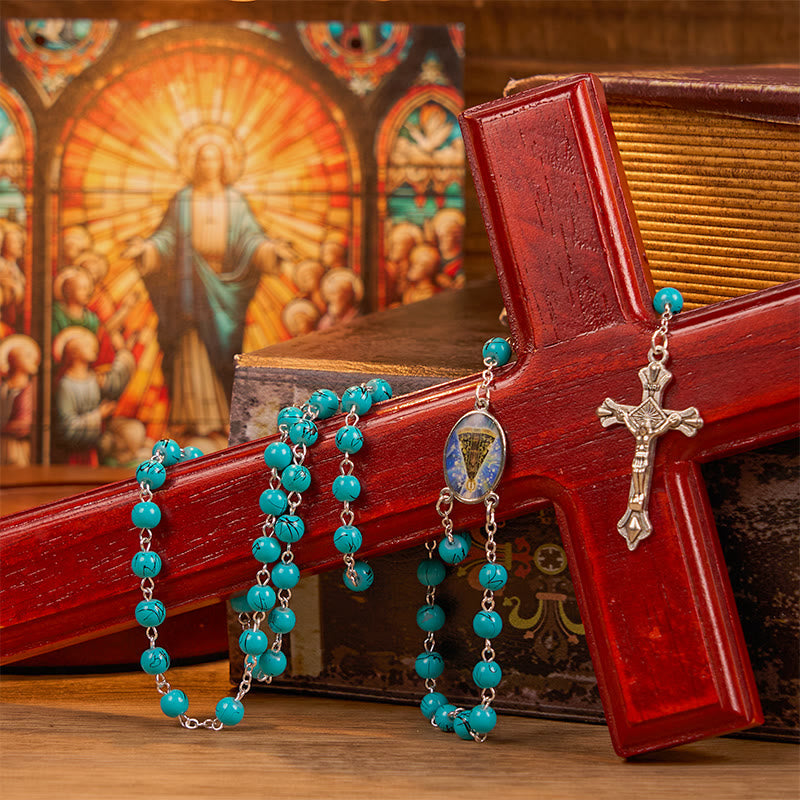 Christiandiscipleshop Our Lady of Aparecida & Crucifix of 8 mm Round Green Glass Alloy Chain Rosary