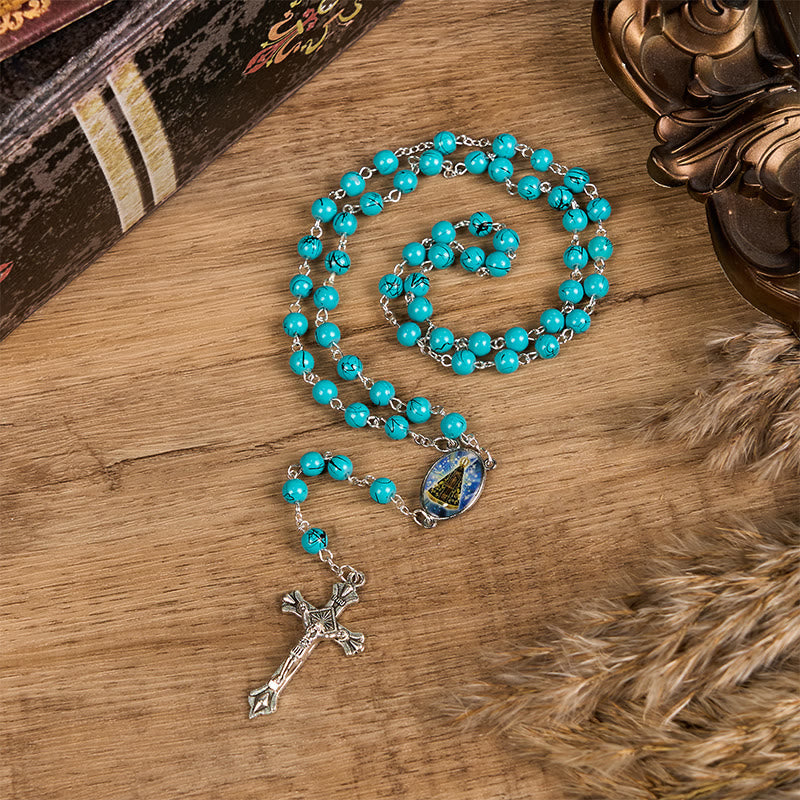 Christiandiscipleshop Our Lady of Aparecida & Crucifix of 8 mm Round Green Glass Alloy Chain Rosary