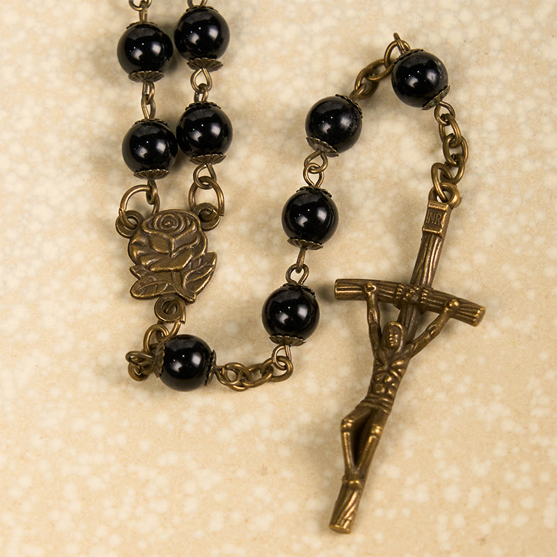 Christiandiscipleshop Rose & Crucifix of 10mm Round Black Stone Alloy Chain Rosary