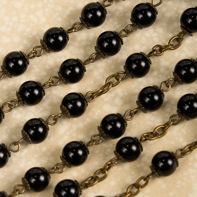 Christiandiscipleshop Rose & Crucifix of 10mm Round Black Stone Alloy Chain Rosary