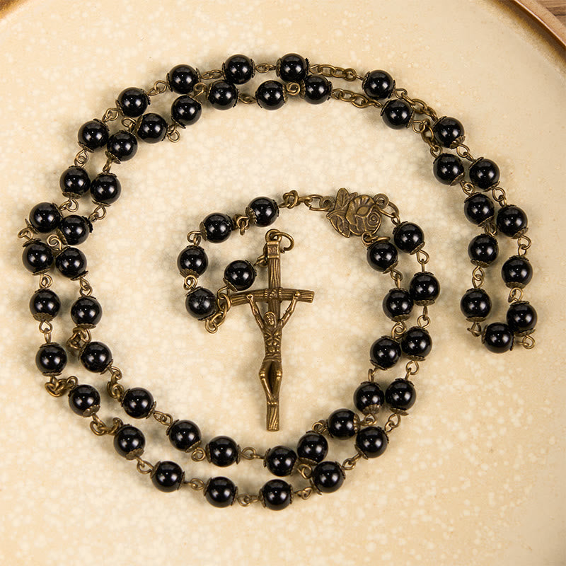Christiandiscipleshop Rose & Crucifix of 10mm Round Black Stone Alloy Chain Rosary