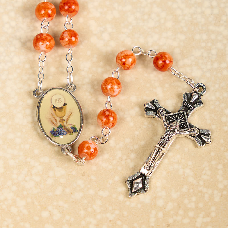 christiandiscipleshop Holy Communion & Crucifix of 8 mm Round Orange Glass Alloy Chain Rosary
