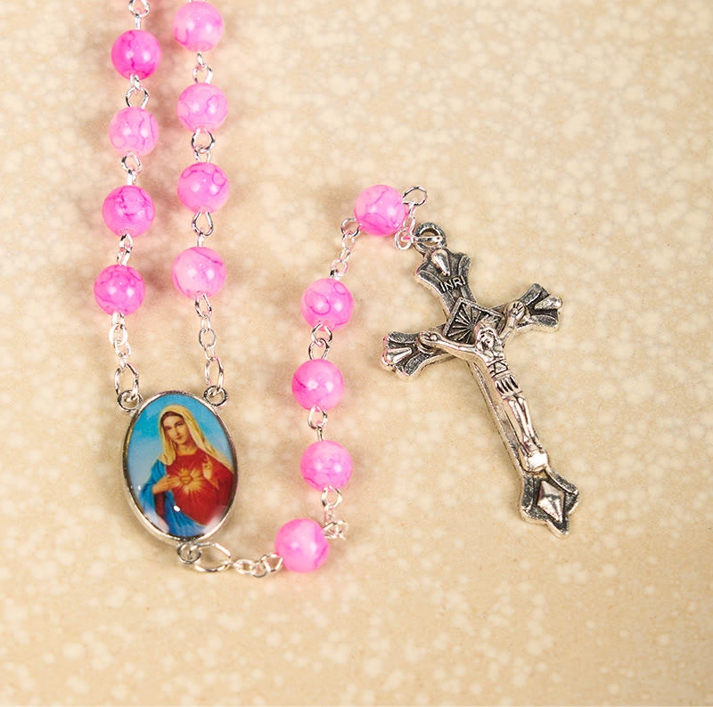 christiandiscipleshop Immaculate Heart of Mary & Crucifix of 8 mm Round Pink Glass Alloy Chain Rosary