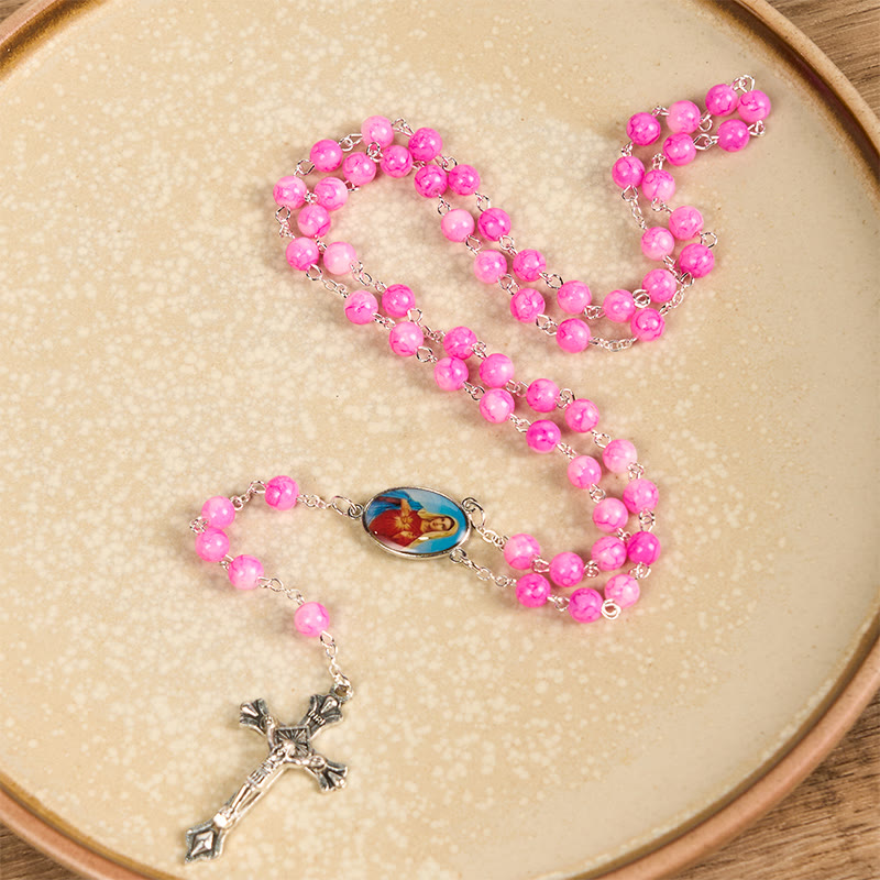 christiandiscipleshop Immaculate Heart of Mary & Crucifix of 8 mm Round Pink Glass Alloy Chain Rosary