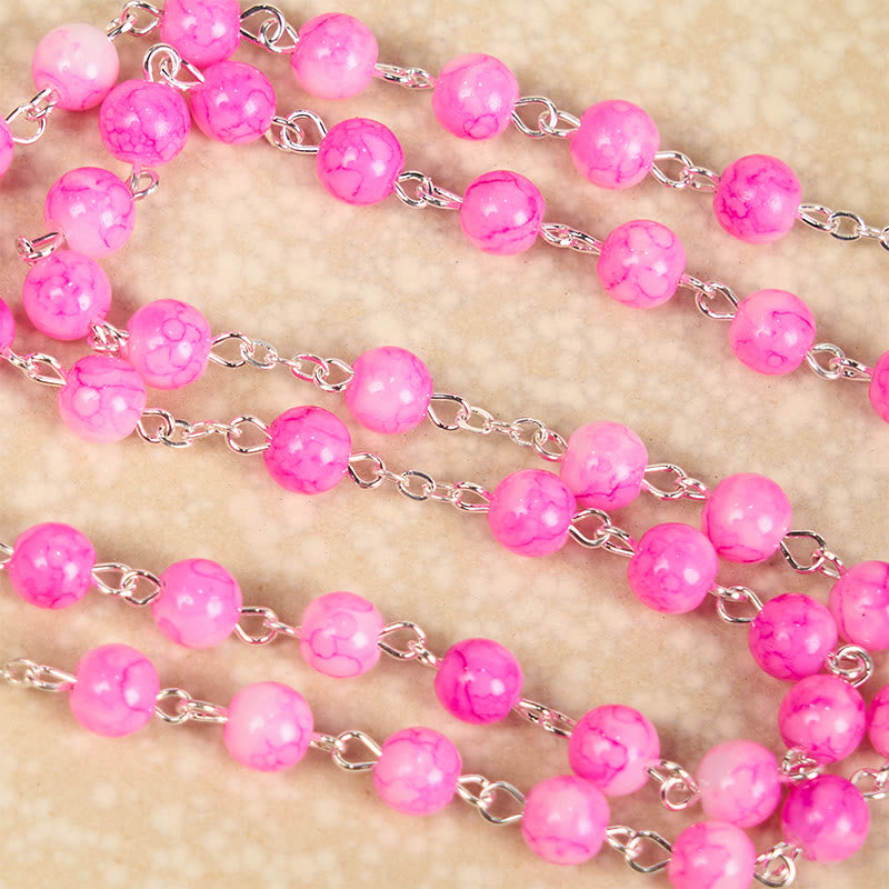 christiandiscipleshop Immaculate Heart of Mary & Crucifix of 8 mm Round Pink Glass Alloy Chain Rosary