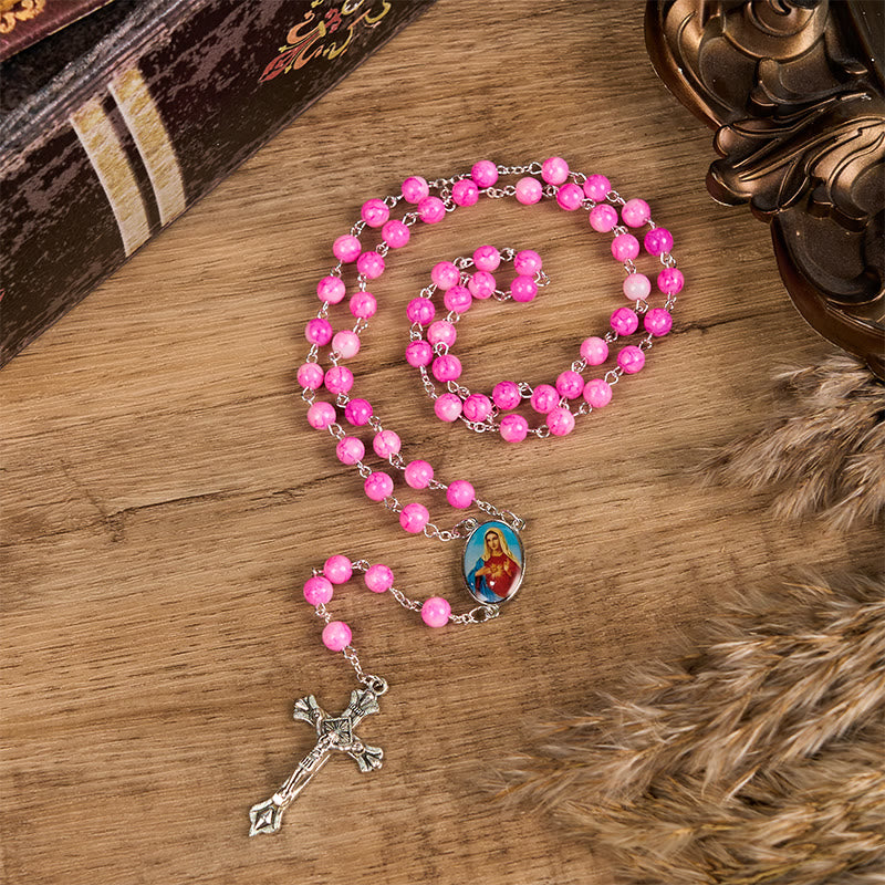 christiandiscipleshop Immaculate Heart of Mary & Crucifix of 8 mm Round Pink Glass Alloy Chain Rosary