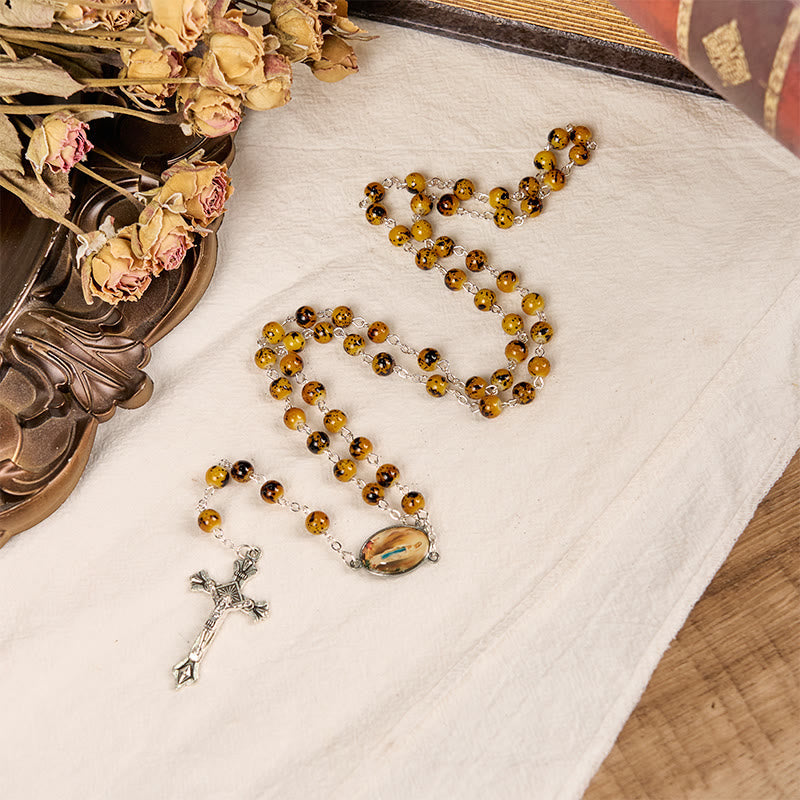 Christiandiscipleshop Our Lady of Fatima & Crucifix of 8 mm Round Pattern Stone Alloy Chain Rosary
