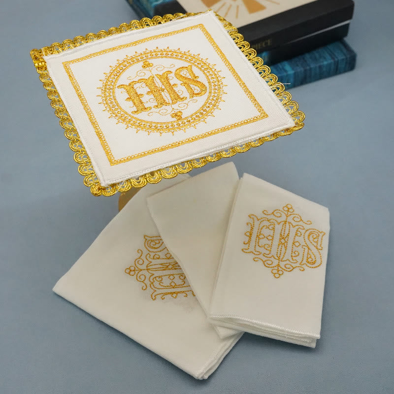 Christiandiscipleshop Gold Embroidered Chalice Veil & Purificator Set Religious Altar Linen Set (IHS Design)