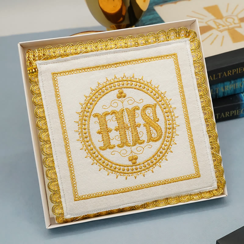 Christiandiscipleshop Gold Embroidered Chalice Veil & Purificator Set Religious Altar Linen Set (IHS Design)