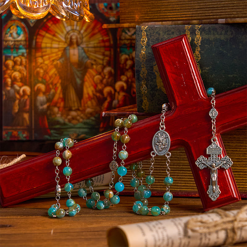 Christiandiscipleshop Our Lady of Aparecida & Crucifix of 8mm Round Green Acrylic Alloy Chain Rosary