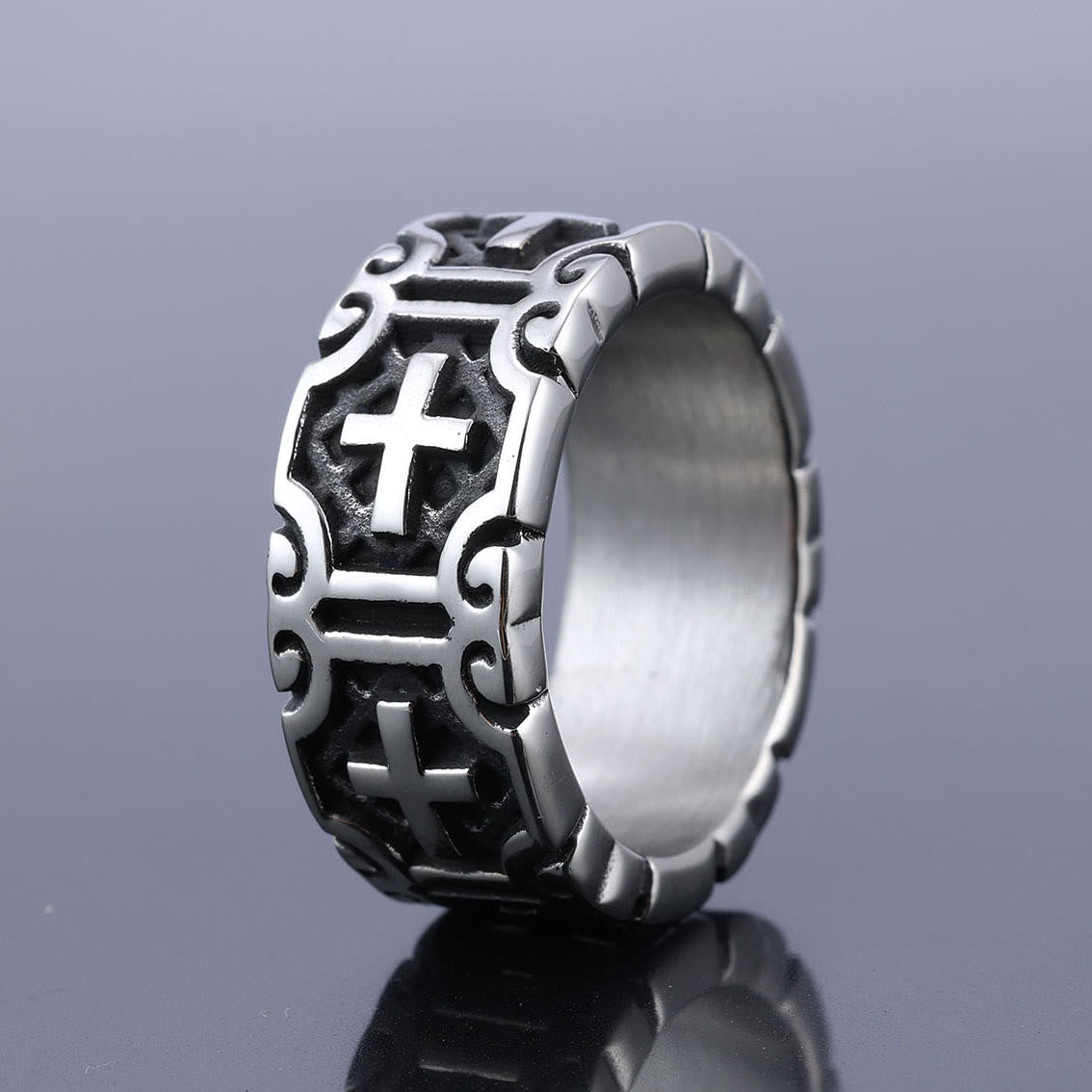 Christiandiscipleshop Retro Style Cross Engraved Stainless Steel Faith Protection Ring