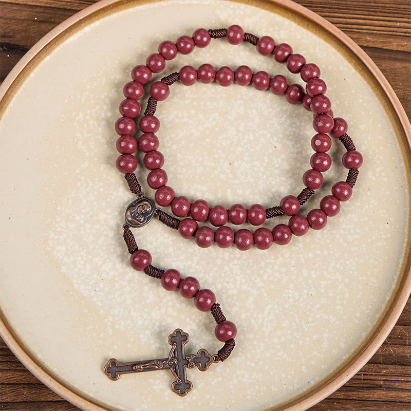 christiandiscipleshop Madonna and Child & Crucifix of 10mm Round Red Wood Nylon Cord Rosary