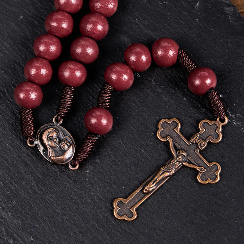 christiandiscipleshop Madonna and Child & Crucifix of 10mm Round Red Wood Nylon Cord Rosary