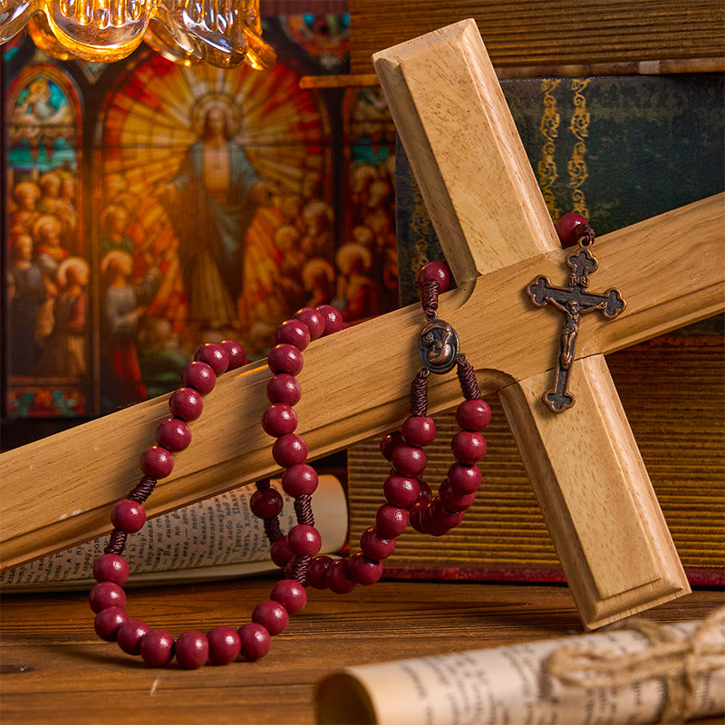christiandiscipleshop Madonna and Child & Crucifix of 10mm Round Red Wood Nylon Cord Rosary