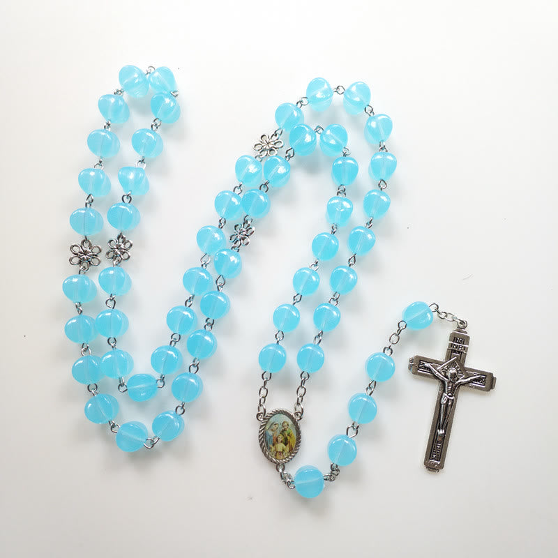 christiandiscipleshop Holy Family & Crucifix of 10mm Polyhedron Blue Acrylic Alloy Chain Rosary